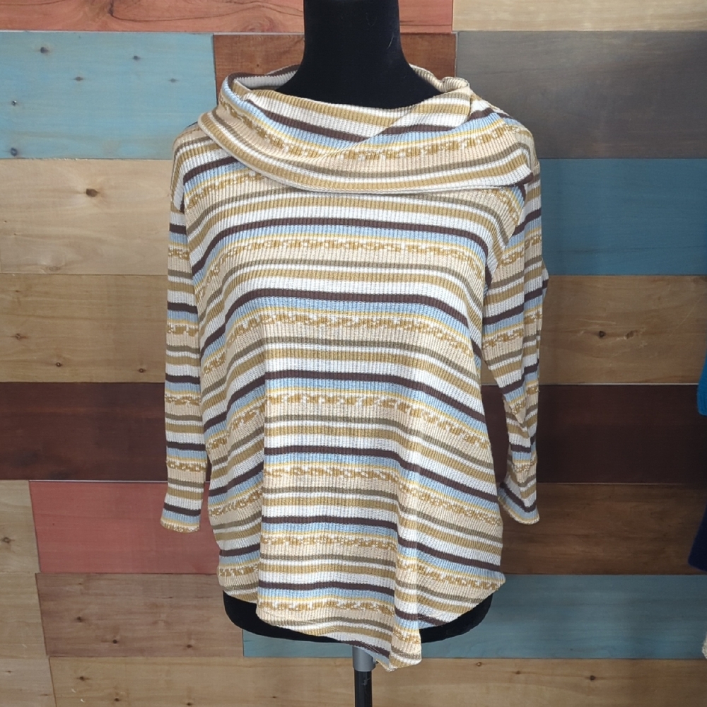 Ruby Rd. Women's Long Sleeve Striped Top - Cream, Brown, Gold